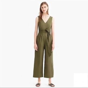 J. Crew Wrap-Tie Jumpsuit Stretch Poplin Size 4 Olive Green Wide Leg Crop Resort